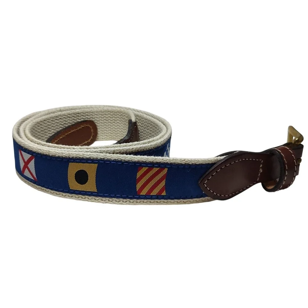 Leather Web Belt Mens Size 44 Sailing Flags Theme Gold Tone Buckle‎ Nautical